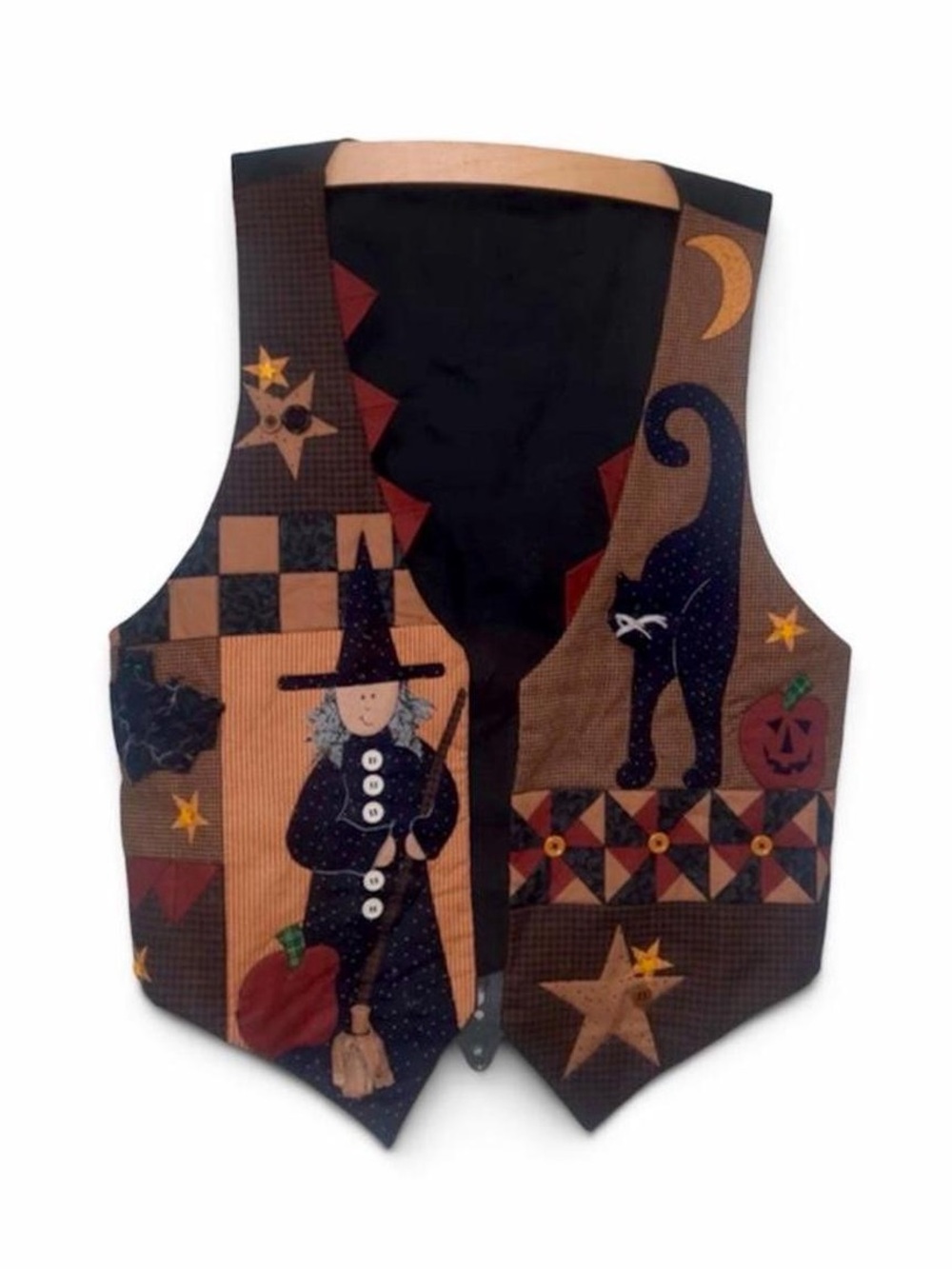Vintage 90s Charming Halloween Witch Cat Star Vest Patchwork Print M Grannycore